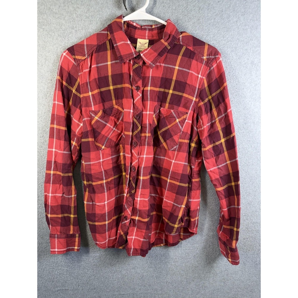 Faded Glory Shirt Womens‎ Medium Red Plaid Long Sleeve Button Up Cotton Top
